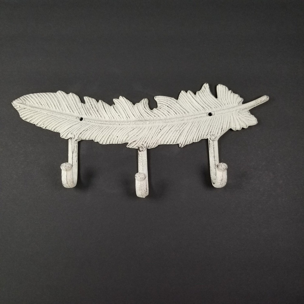 Cast Iron‎ Feather Wall Hook Rack 3 Hooks Distressed White Rustic Farmhouse 11.5